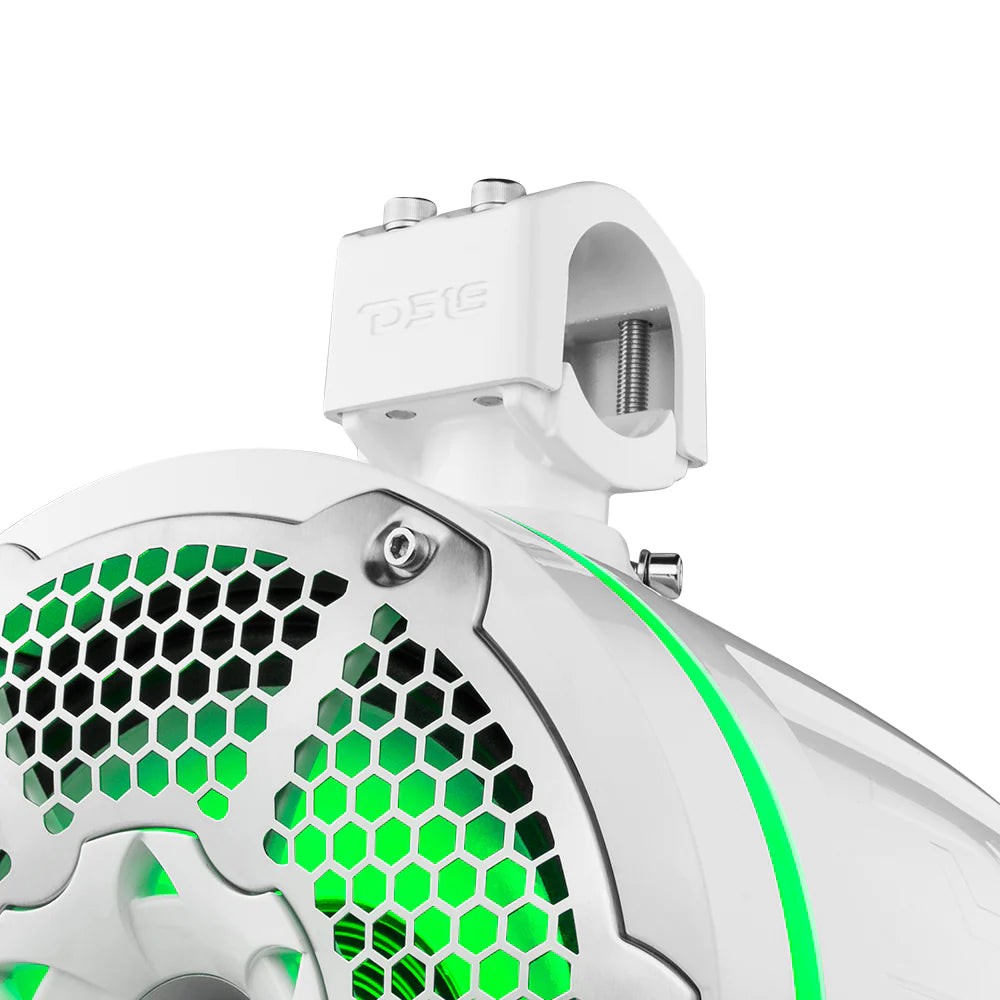 DS18 HYDRO NXL-X10TPNEO/WH 10" Marine Water Resistant Wakeboard Tower Neodymium Speaker with Built-in passive Radiator Bass Enhancer, 1" Driver and RGB LED Light 900 Watts - White