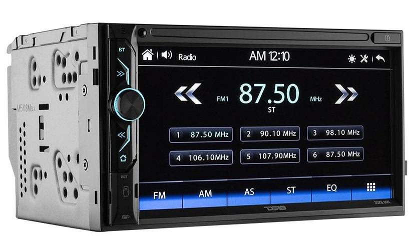 A 6.9-inch double-din touchscreen car multimedia receiver with Bluetooth, USB, and mirror link features displayed.