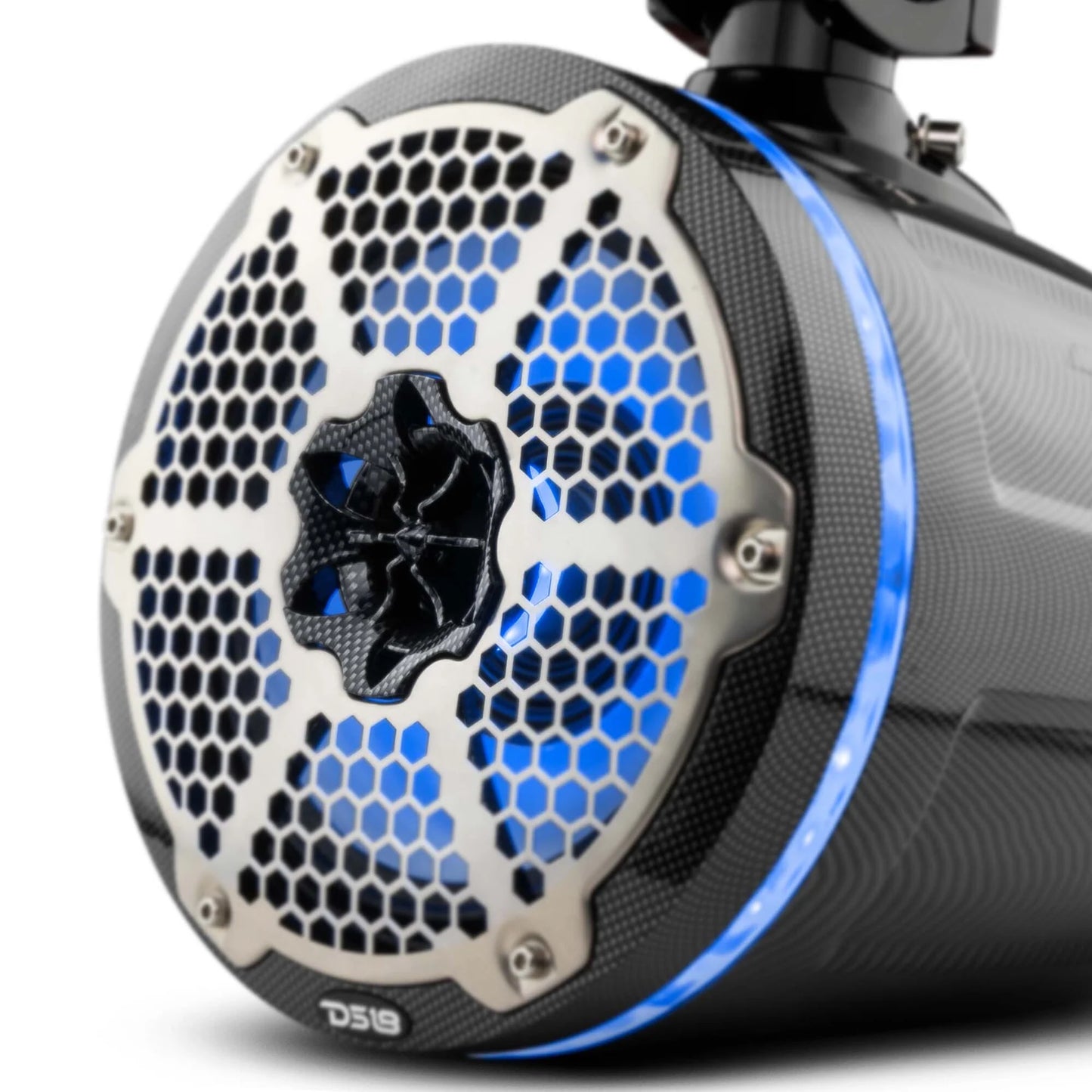 DS18 HYDRO CF-X8TPNEO 8" Marine Water Resistant Wakeboard Tower Neodymium Speaker with Built-in passive Radiator Bass Enhancer, 1" Driver and RGB LED Light 550 Watts - Black Carbon Fiber