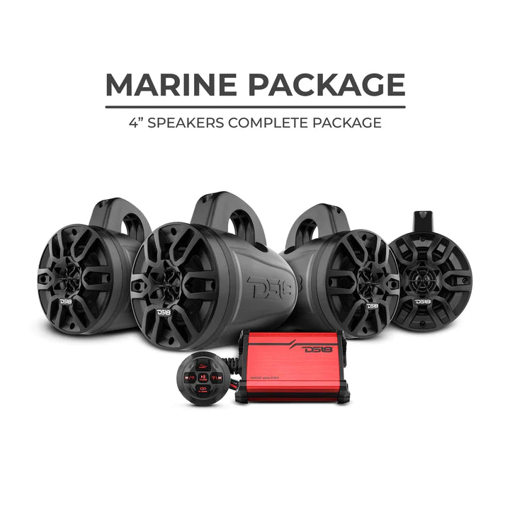 DS18 MP4TP 4 x HYDRO 4" Wakeboard Tower Speakers 600 Watts Black with Amplifier and Bluetooth Remote Control BTRC-R