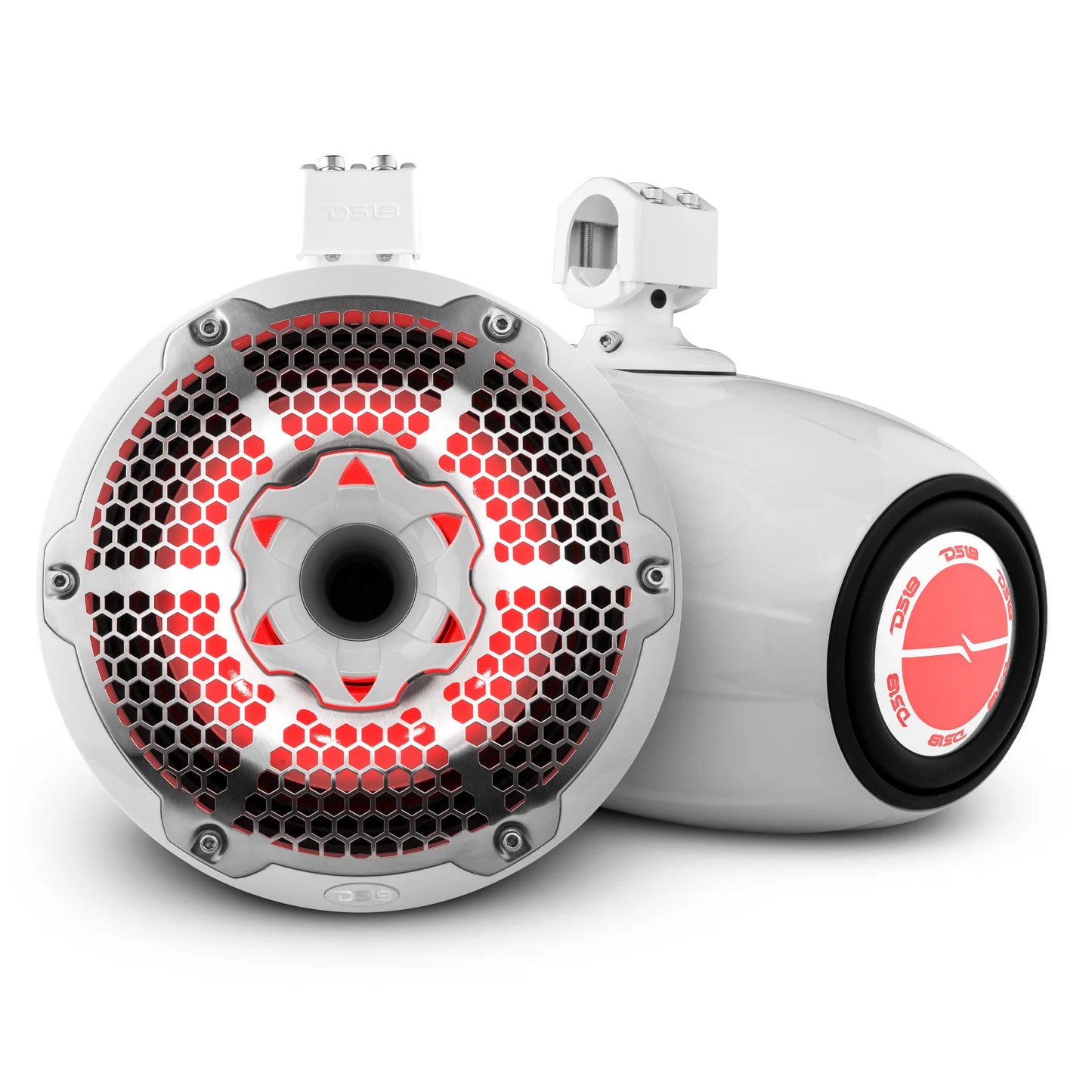 DS18 HYDRO NXL-X10TPNEO/WH 10" Marine Water Resistant Wakeboard Tower Neodymium Speaker with Built-in passive Radiator Bass Enhancer, 1" Driver and RGB LED Light 900 Watts - White
