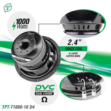 Timpano 10″ Car Audio Subwoofer 1000 Watts Dual 4 Ohm TPT-T1000-10 D4 Deep Low Tones