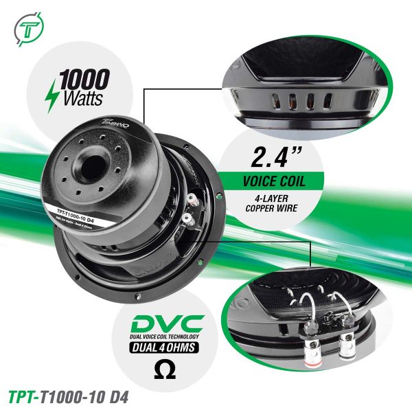 Timpano 10? Car Audio Subwoofer 1000 Watts Dual 4 Ohm TPT-T1000-10 D4 Deep Low Tones