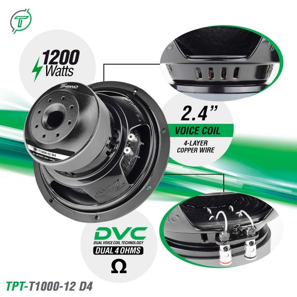 Timpano 12? Car Audio Subwoofer 1200 Watts Dual 4 Ohm TPT-T1000-12 D4 Deep Low Tones