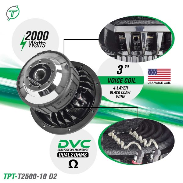 Timpano 10? Car Audio Subwoofer 2000 Watts Dual 2 Ohm TPT-T2500-10 D2 High Performance