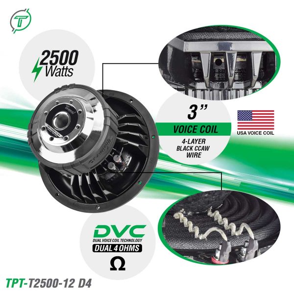 Timpano 12? Car Audio Subwoofer 2500 Watts Dual 4 Ohm TPT-T2500-12 D4 High Performance