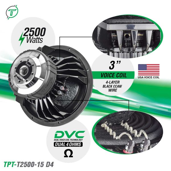 Timpano 15? Car Audio Subwoofer 2500 Watts Dual 4 Ohm TPT-T2500-15 D4 High Performance