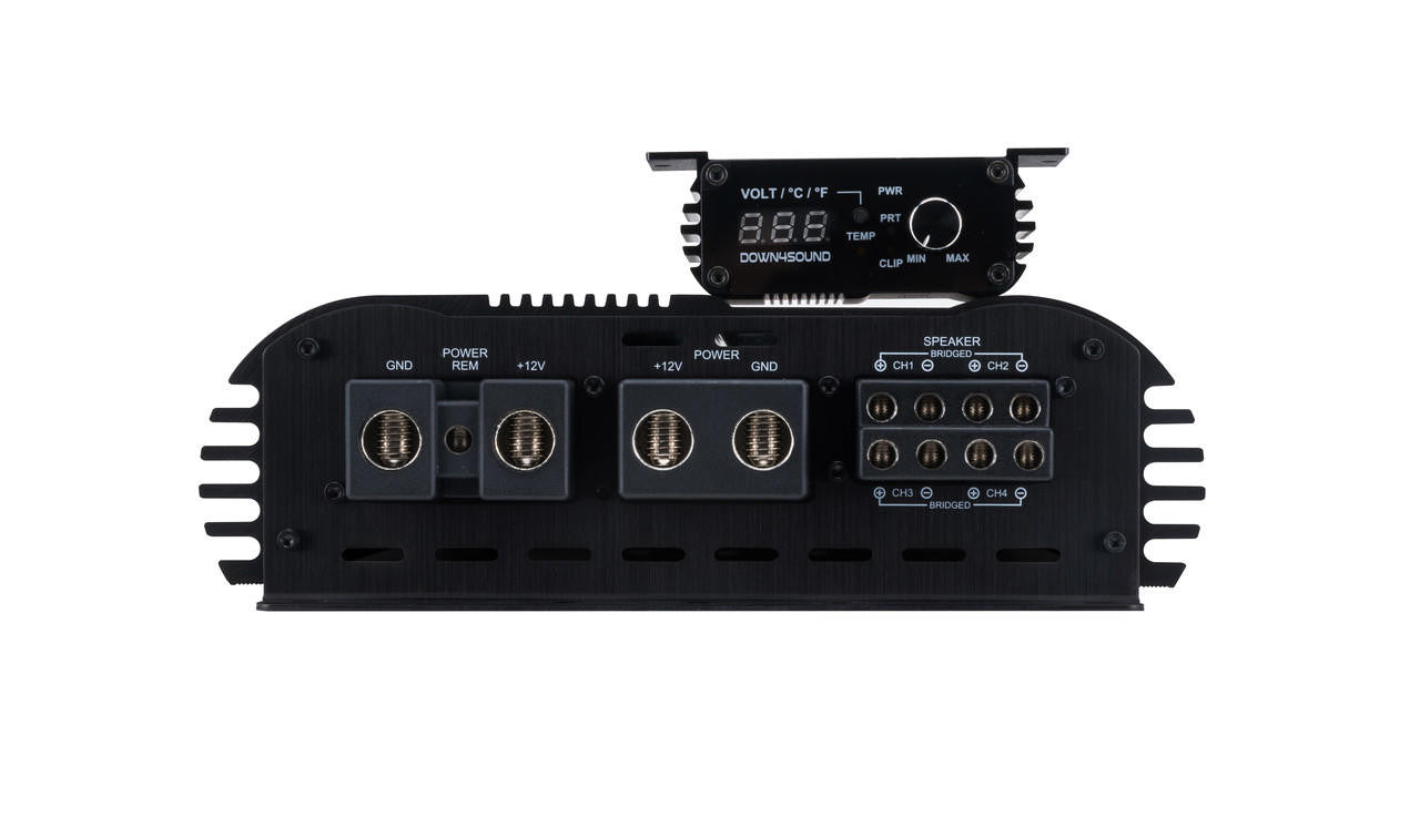 A black 4-channel car amplifier with a power level of 6000W RMS, featuring a bass knob and RCA connections.