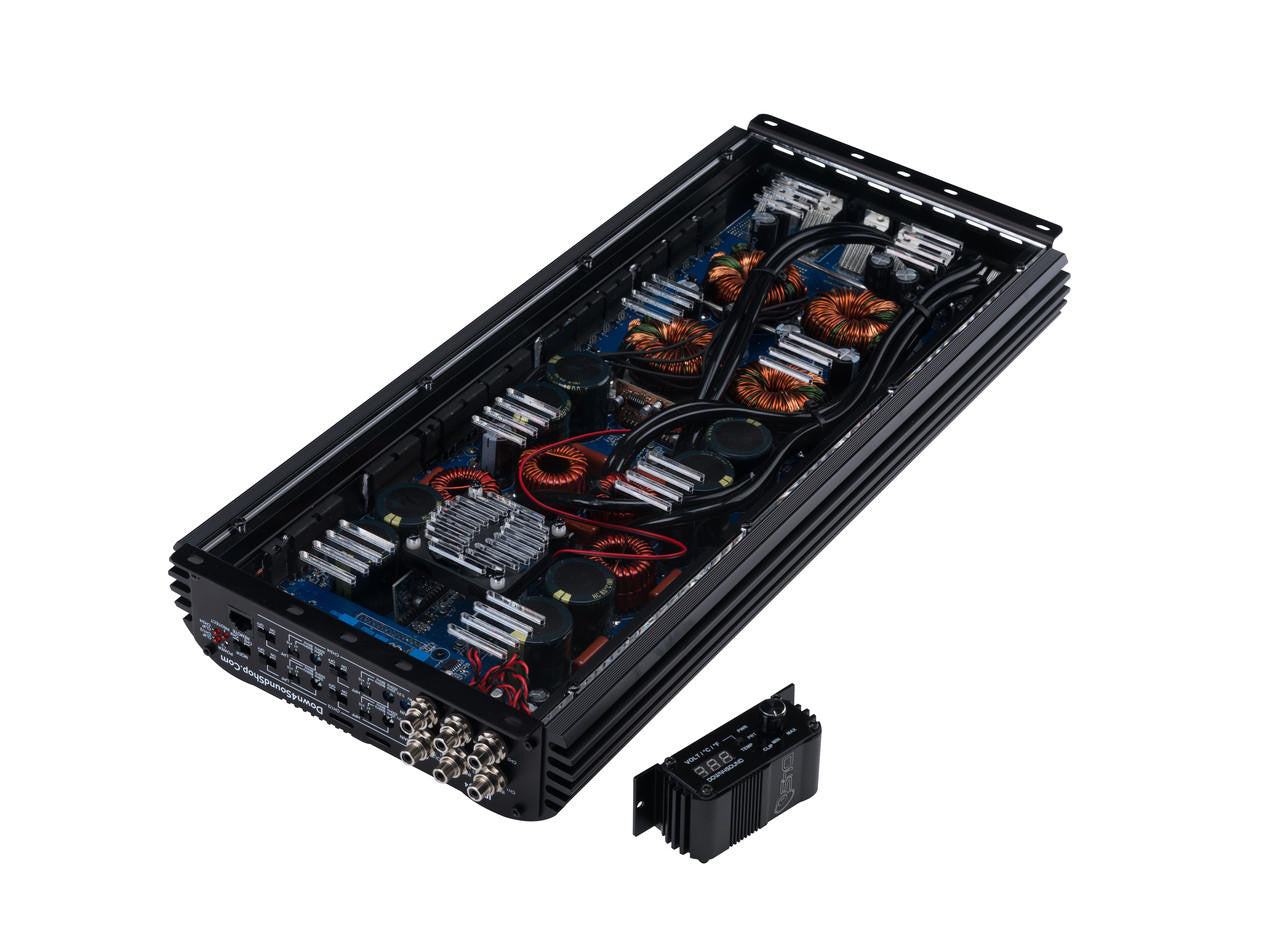 A black 4-channel car amplifier with a power level of 6000W RMS, featuring a bass knob and RCA connections.
