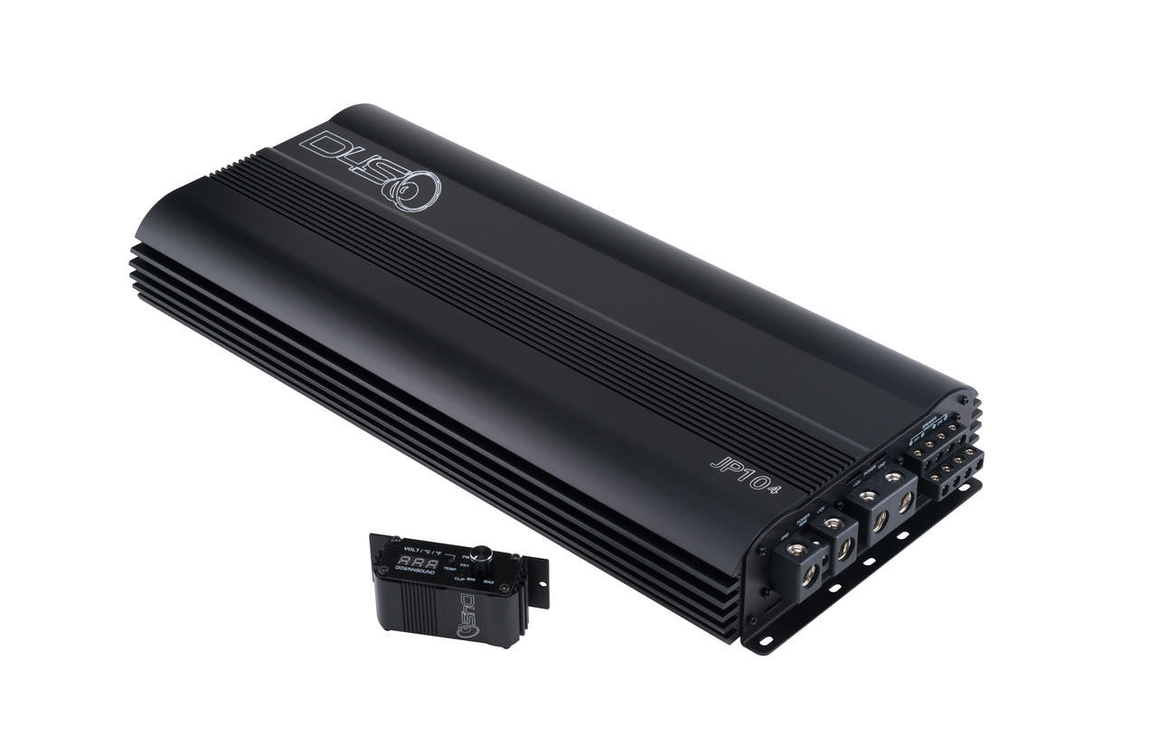 A black 4-channel car amplifier with a power level of 6000W RMS, featuring a bass knob and RCA connections.